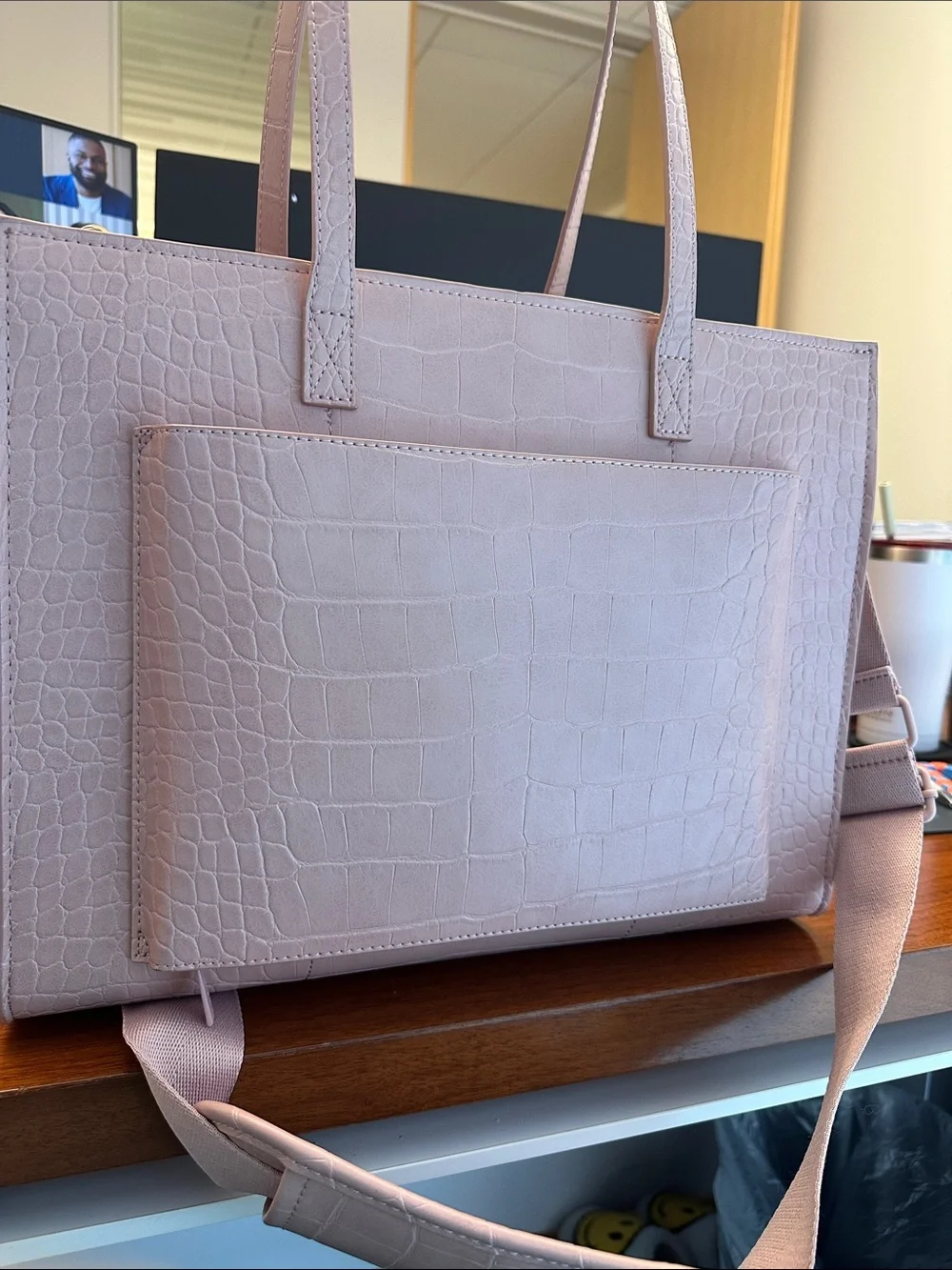 BEIS Blush Croc-Embossed Laptop Tote with Removable Strap